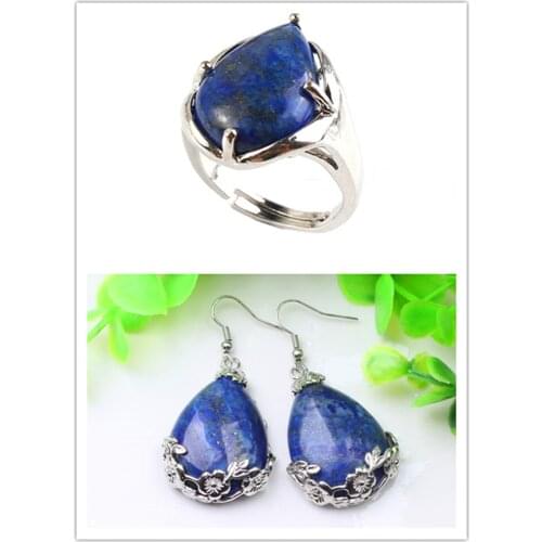 Kraft-beads Resizable Lapis Lazuli Ring Silver Plated Water Drop Earrings Ethnic Style Jewelry Sets
