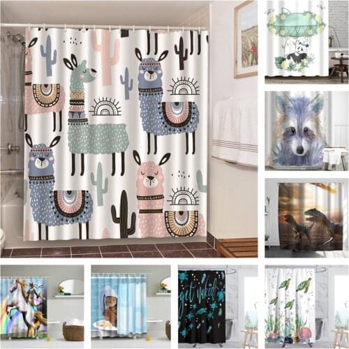 Ins Cartoon Animal Bathroom Shower Curtain Polyester Waterproof Fabric Bathroom Curtain With Hanging Ring Non-slip Cute Bath Mat