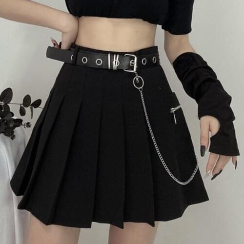 2021 New Women Short Skirts A-Line High-Waist Tooling Sexy Chain Sashes Chic Female Student Black Empire Mini Pleated-Skirt Y95