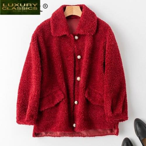 Women Warm Clothes Winter 2021 100% Sheep Shearing Coat Female Korean Real Fur Coat Ladies Red Wool Jacket Hiver BG-0018A