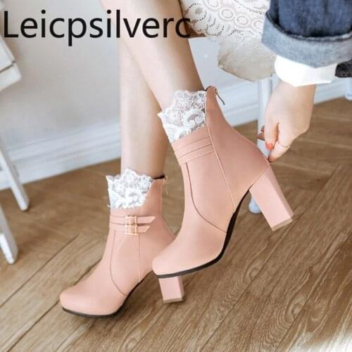 Womens Boots winter The New Round head zipper Lace belt buckle Thick heel High heel Short tube Womens shoes plus size 34-43