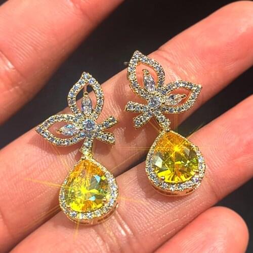 Huitan Two Colors Butterfly Earrings Women Yellow Color Water Drop CZ Pendent Wedding Bands Jewelry Luxury Gift Dangle Earrings