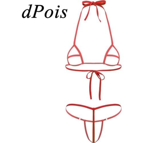 2Pcs Womens Bikini Lingerie Set Hollow Out Halter Neck Tie-on Mini Bra Top T-back G-String Thong Briefs Underwear