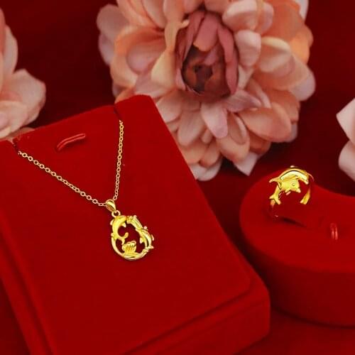 Korean Real 14K Gold plated Jewelry Set Pendant Necklace for Women Lovely Dolphin Ring Chain Necklace Choker Birthday Gifts