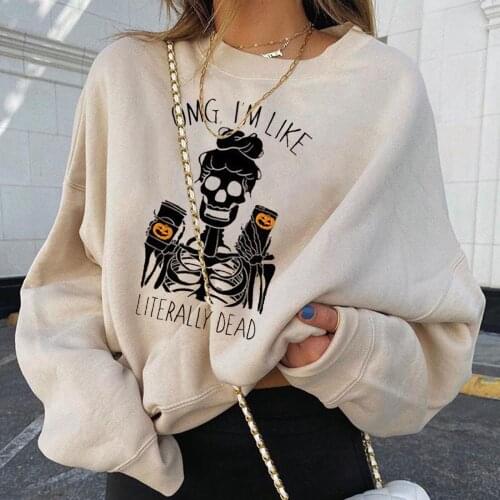 Women Long Sleeve Funny Skull Pumpkin Printing Pullover Sweatshirt Top Halloween Solid Color Personalized All-match Sweatshirt