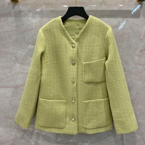Spring Runways High quality V-neck Wool coat New Designer Women High Quality 100% Silk Lining tweed Coat C678