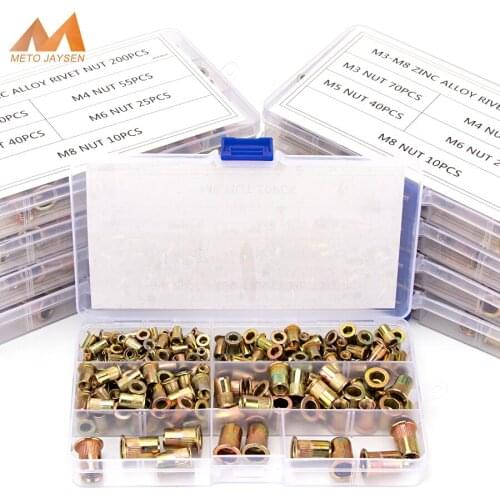 110-200pcs Zinc-Alloy Rivet-Nuts M3 M4 M5 M6 M8 M10 Zinc Rivet Nuts Flat Head Knurled Screw Multi Sizes Assortment Kit S41