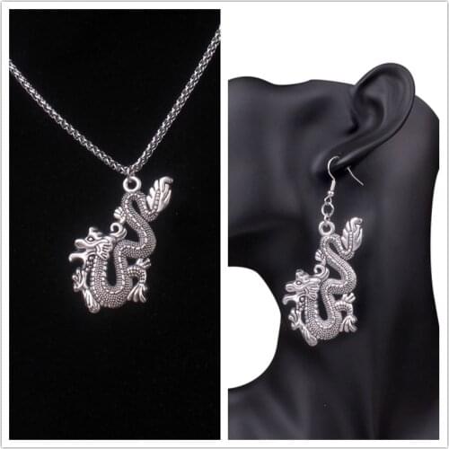 Antique Silver Color Vintage Dragon Earrings For Women Gothic Dragon King Necklace Jewelry Punk Jewelry