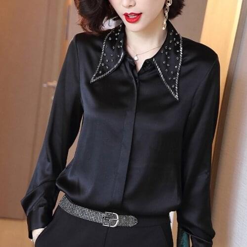 Spring Fall Fashion Office Laides Women Clothing , Rhinestone Beads Black Top Blouse , Woman Imitation Silk Long Sleeve Blouses