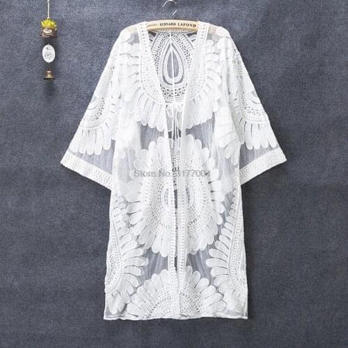DHL 100pcs Summer Lace Hollow Crochet Beach Bikini Cover Up 3/4 Sleeve Women Tops Swimwear Beach Dress White Beach Tunic Shirt