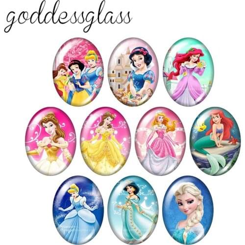 Disney Princesses Belle Elsa 10pcs mixed 13x18mm/18x25mm/30x40mm Oval photo glass cabochon flat back bracelets Making findings