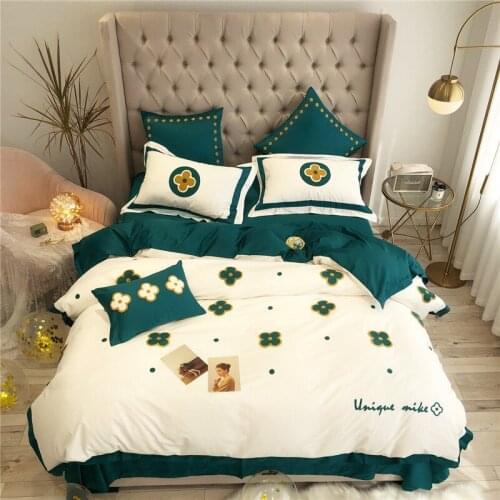 Embroidery 4pcs Duvet Cover Four-leaf clover Egyptian Cotton Bedding Sets Queen King size bed sheet set set Pillow shams linen