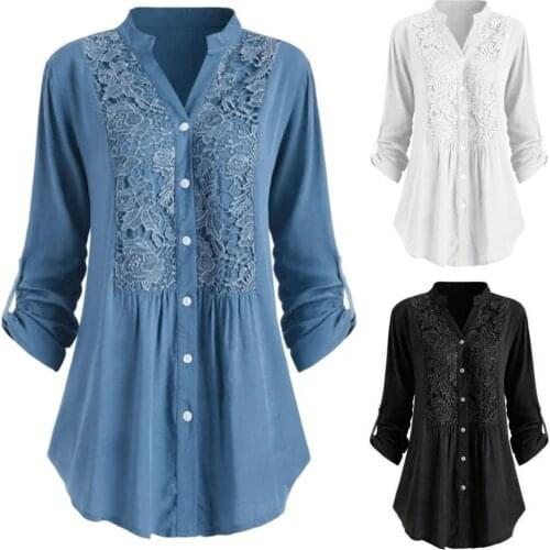 5xl Plus Size Lace Patchwork Tunic Tops Sexy V-neck Blouse Women Ladies Button Shirt Long Sleeve Spring Blouses Рубашка Женская