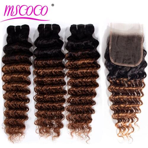 Mscoco 1B 30 Human Hair Deep Wave Bundles With Closure Ombre Brazilian Hair Bundles With Closure Remy Blonde Weave