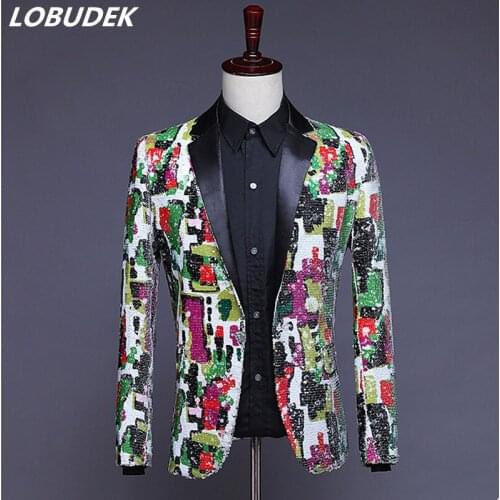 2018 Male Colorful Flip sequins Printing Jacket paillette Flowers Fashion Slim Coat Prom Party Singer Host Show DS Stage Costume
