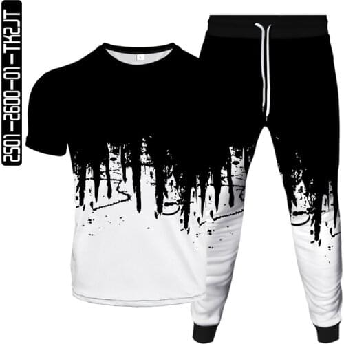 Spring and autumn mens season new 3d gradient code printing casual trendy brand T-shirt two-piece suit