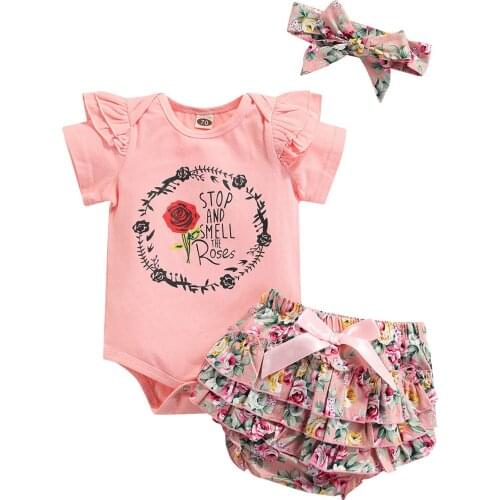 OPPPERIAYA Infant Short Sleeve Round Neck Bodysuit Ruffle Shorts Bow Headband Flower Print Sweet Style Summer Casual Clothing