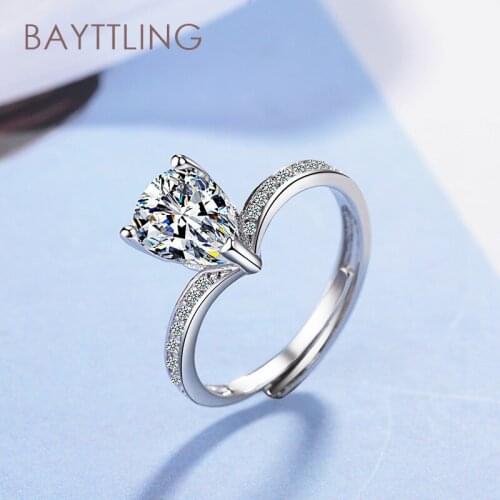 BAYTTLING New 925 Sterling Silver Shiny Water Drop Zircon Open Ring For Woman Fashion Glamour Wedding Jewelry Gift