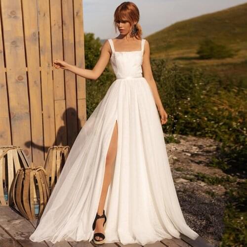 Elegant Square Neck A-line Wedding Gowns 2021 White Ivory Sweep Train Sleeveless Tulle Bridal Dresses with Slit