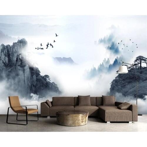 Custom Modern home decoration 3D photo Self Adhesive wallpaper Chinese ink landscape smoke background wall painting living room