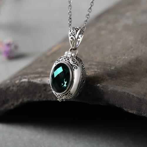 S925 silver jade box green crystal pendant can open Thai silver stone mosaic antique fashion female jewelry wholesale