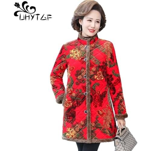 UHYTGF Gold Velvet Winter Cotton Coat Womens Fashion Printing Thicken Warm Mother Jacket Loose 5XL Plus Size Parker Female 1446