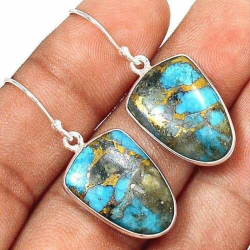 Vintage Tibetan Natural Turquoises Earring Silver Color Blue Stone Statement Dangle Earrings for Women Boho Jewelry