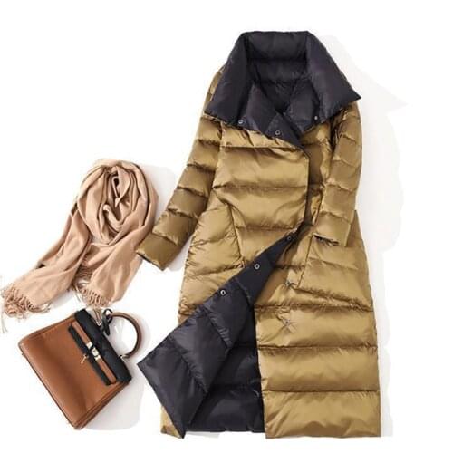 Plus Size Women Double Sided Long Jacket Winter Turtleneck White Duck Down Coat Double Breasted Warm Parkas Snow Outerwear L1240