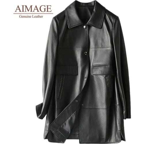 100% sheepskin leather women spring pockets genuine leather single button female slim lady outwear turn collar trench long PY094