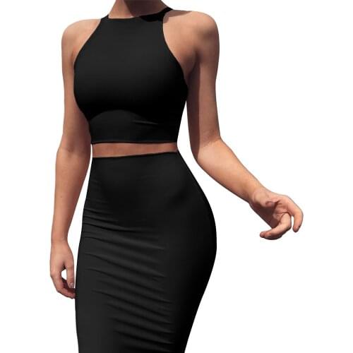 4 Color Womens Round Neck Sleeveless Suit Middle Skirt Slim Two-Piece Vest Skirt
