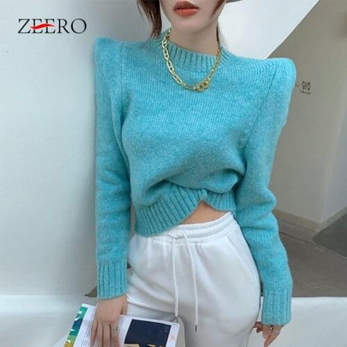 Autumn Winter Clothes Women Knitting Sweaters Female Korean Version Fashion Stand-up Collar Puff Sleeve Base Short Pullover Tops