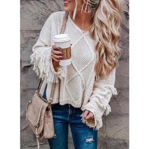 Womens Sweater Loose Knitting V-neck Flare Sleeve Tassel Patchwork Ladies Tops 2020 Autumn Winter Casual Sweaters Pullovers