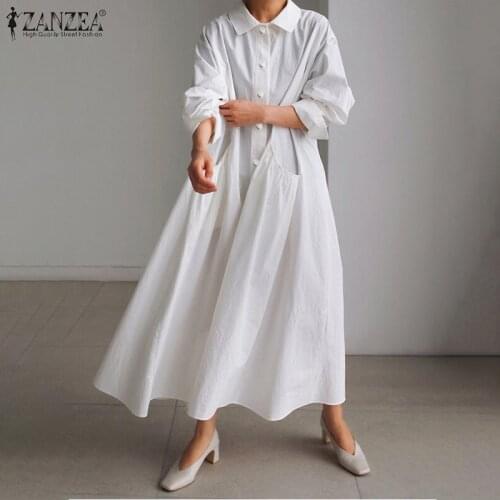 Womens Fashion Maxi Shirt Dress ZANZEA Solid Oversize Robe Longue 2021 Autumn White Lapel Loose Vestido Casual Lady Long Dresses