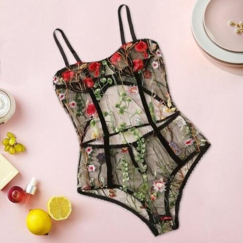 2021 Women Lingerie Hollow Bodysuit Floral Embroidered Backless Jumpsuit нижнее белье Sleepwear Christmas Sexy Charm Black Dress