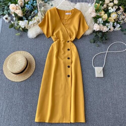 2021 Vintage Slim V Neck Button Dresses Summer Midi Long Dress Vestido De Festa Party Evening Women Casual Elegant Vestidos
