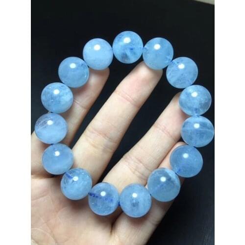 14mm Genuine Natural Blue Aquamarine Stretch Round Beads Bracelet AAA