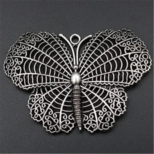 2pcs Silver Plated Large Butterfly Charm Retro Necklace Pendants DIY Metal Jewelry Crafts Accessories 65*45mm A574