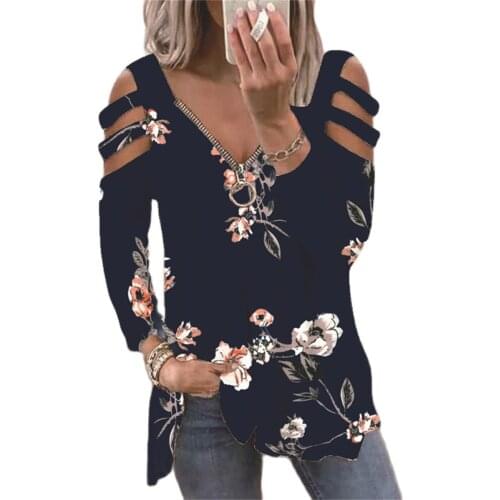 2021 Fashion Long-Sleeve Low-Cut Zipper Printed Shoulder Strap T-Shirt Women For Autumn New Casual Loose S-3XL Size Splice Tops