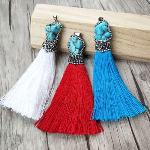 5 Pieces Pave Crystal Rhinestone Howlite Blue stone Pendant With Cords Tassel Charm Pendants Jewelry Findings DIY necklace PD823