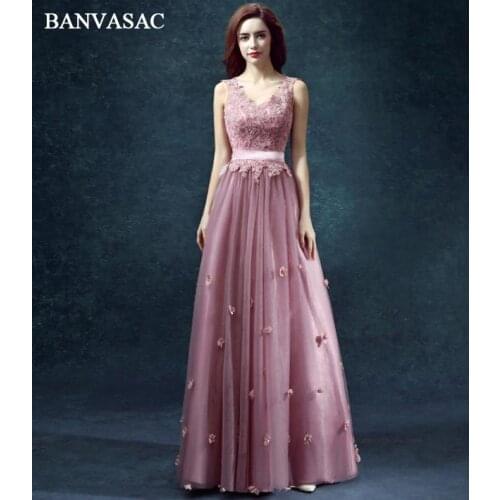 BANVASAC Crystal Deep V Neck Lace Flowers Appliques Long Evening Dresses Party A Line Sash Backless Prom Gowns