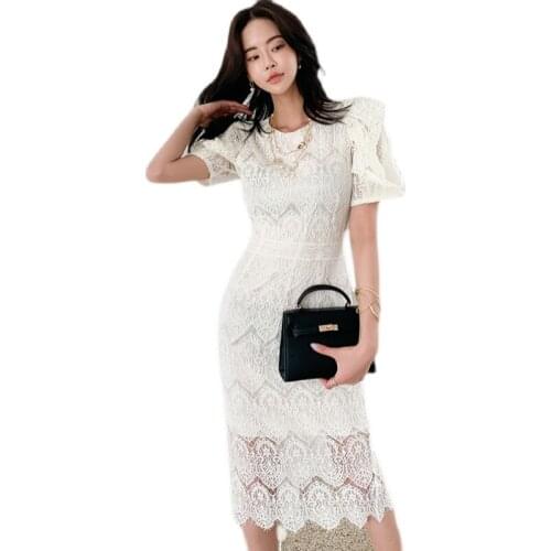 White Lace tight Dress one piece korean ladies Sexy Hollow out Sexy Party Midi Dresses for women