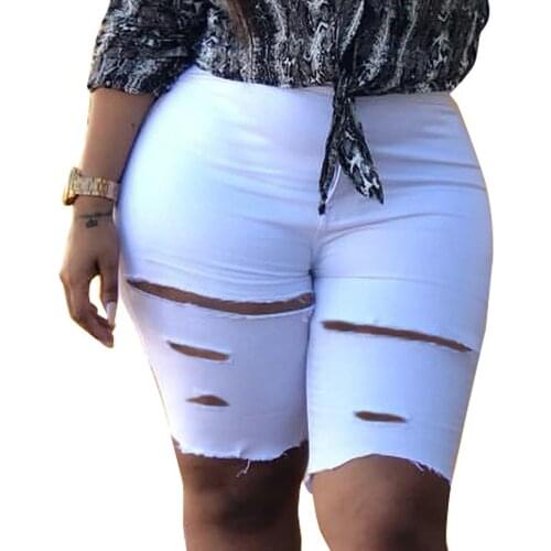 White Sexy Hole High Waist Straight Denim Shorts Women 2021 Summer Cotton Solid Color Slim Jeans Shorts Lady Knee Length Jeans