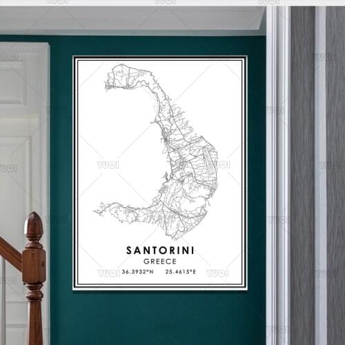 Black and White World City Map SANTORINI Wall Art Canvas Poster Prints Nordic Style Paintings Picture for Living Room