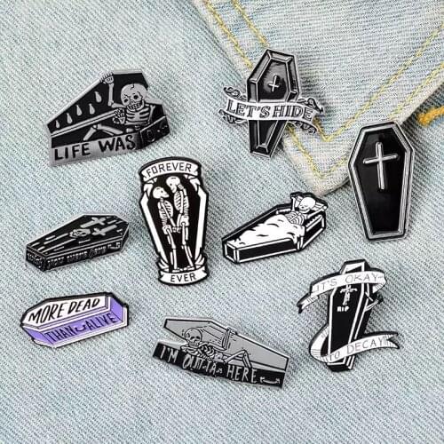 Lets Hide Enamel Pins Badge Custom Stay Coffin Brooches Lapel Pin Jeans Shirt Bag Dark Halloween Skeleton Jewelry Gifts Friends