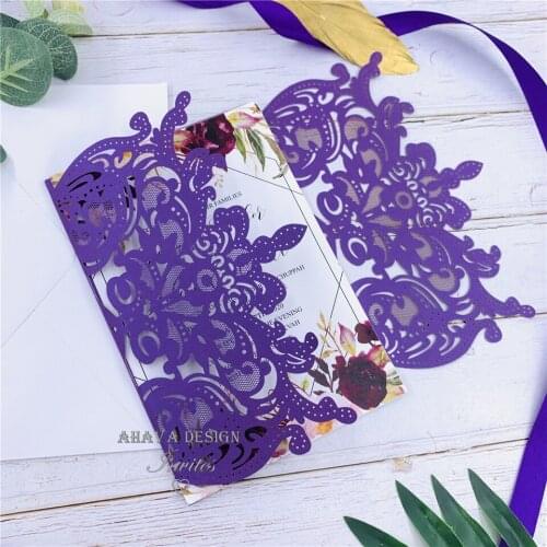 Purple Laser Cut Warp with Floral on Invitations, Personalized Invites With Bowtie