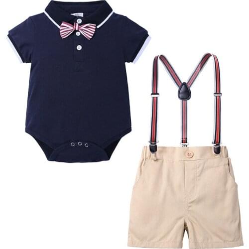 Summer Baby Boys Suits Bodysuits Infant Shorts Sets Bowtie Childrens Tshirts Tuxedo Bowtie Outfits Overalls Belt Pants