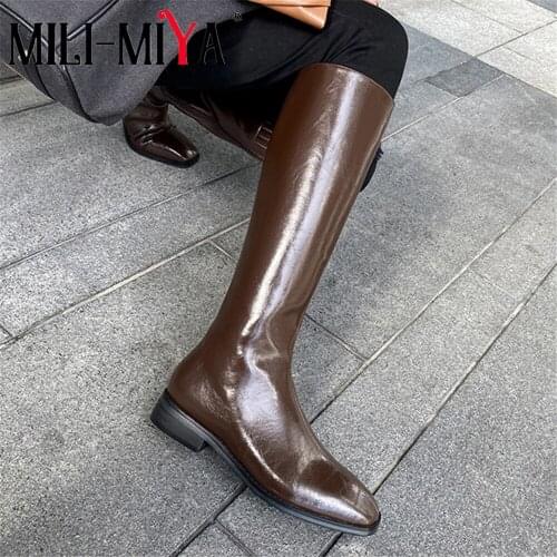 MILI-MIYA Comfortable Low Thick Heels Women Full Genuine Knee High Boots Square Toe Zipper Size 34-40 Riding Shoes For Ladies