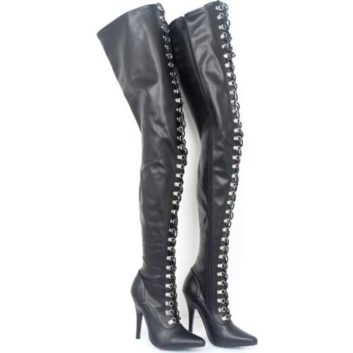 Fashion 12Cm Ultra Hegh Heels Sexy Fetish Lace Up Potinted Toe Over Knee Thigh High Boots With Zip Stiletto Flex Matt PU