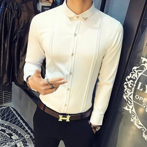 Mens Pleated Solid Color Slim Fit Tuxedo Shirts Male Long Sleeve England Style Casual Social Prom Dress Blouses