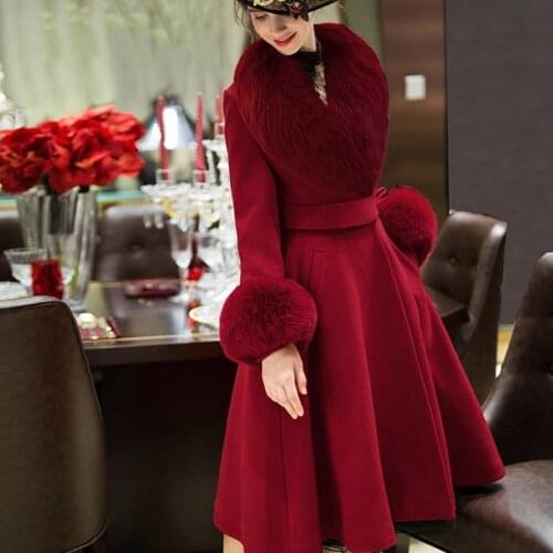2020 New Long Cashmere Wool Blends Fur Coat Belt Winter Jacket Plush Bib Detachable Women Fox Fur Collar Cuffs Streetwear Woolen